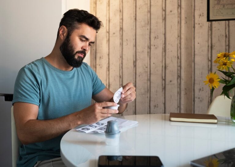 Man applying a glucose monitoring sensor at a table