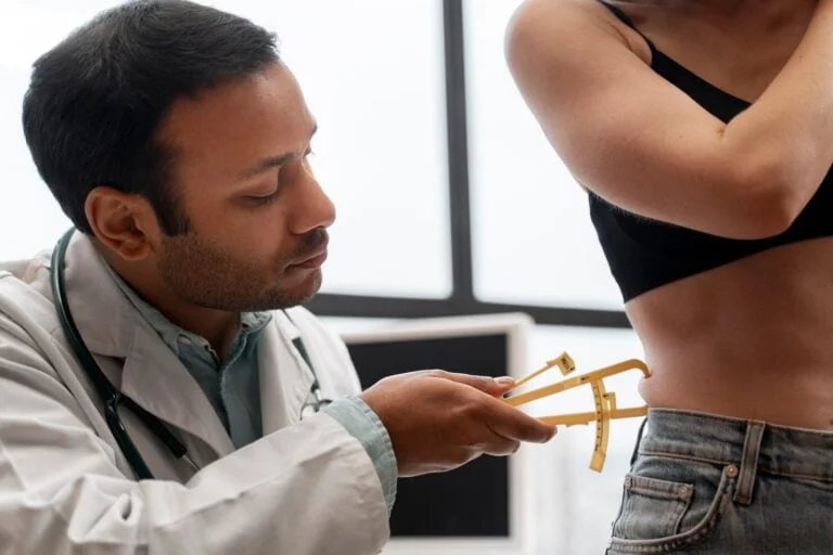 Doctor measuring a patient's abdominal skinfold with calipers