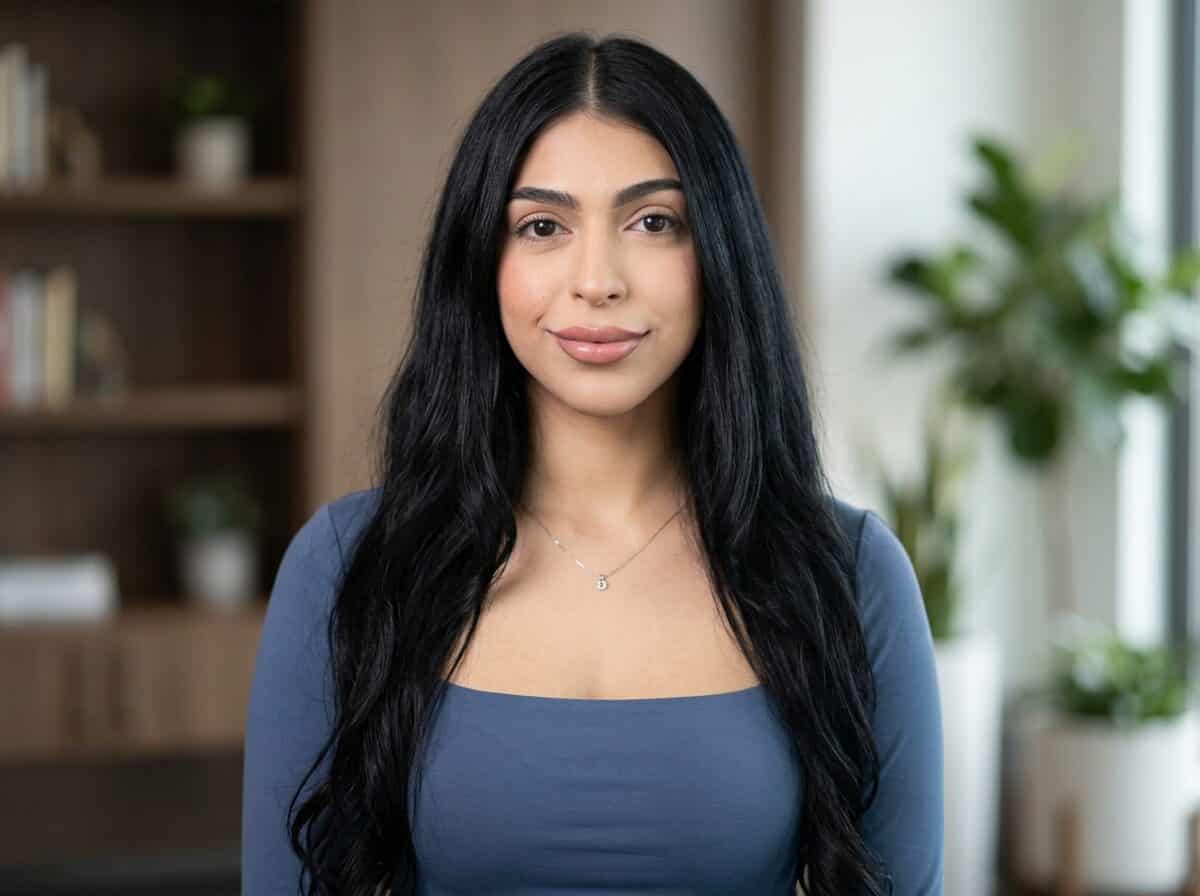 Woman with long dark hair in a blue top in front of bookshelves and plants