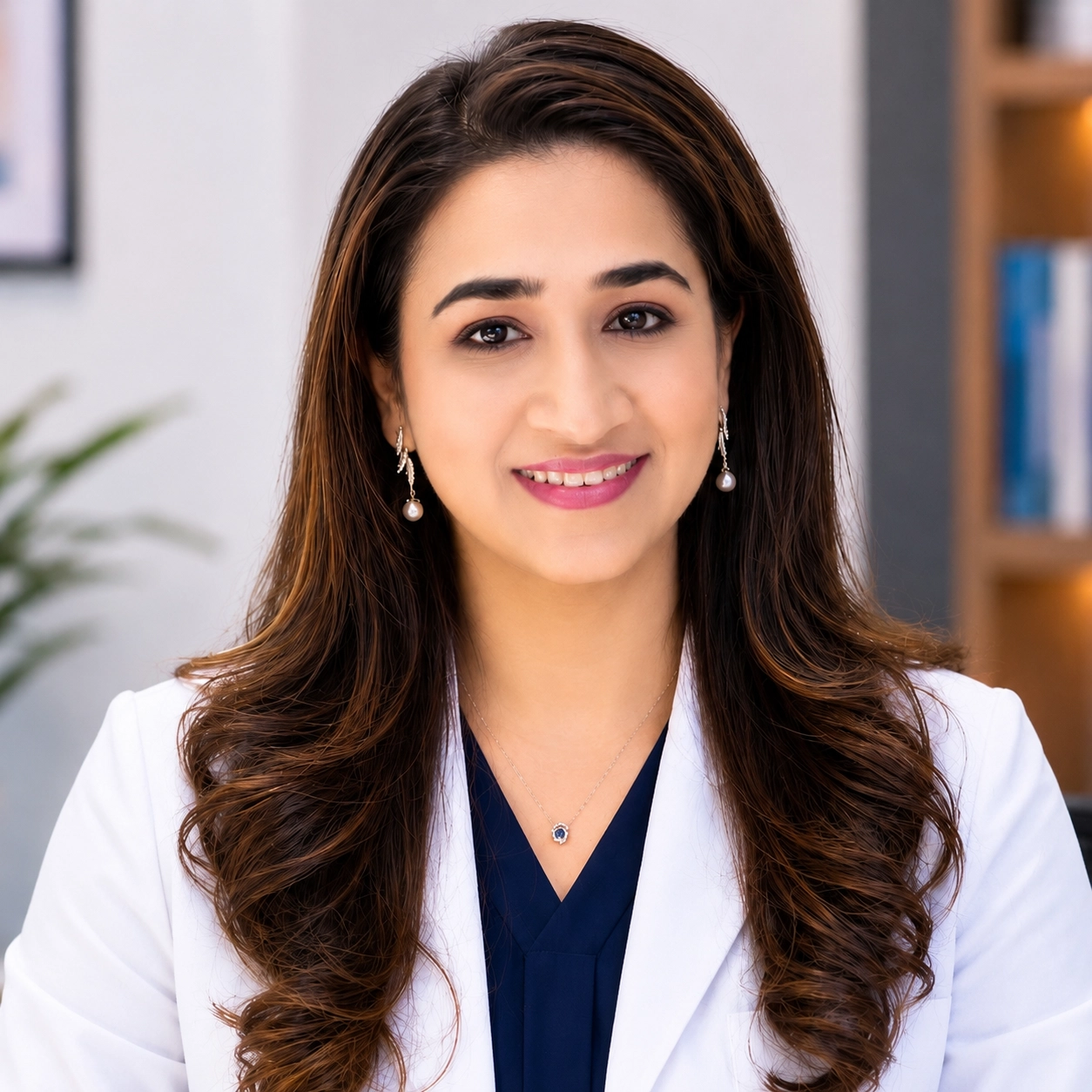 Woman wearing a white medical scrubs with long dark wavy hair, posing for a professional healthcare portrait.